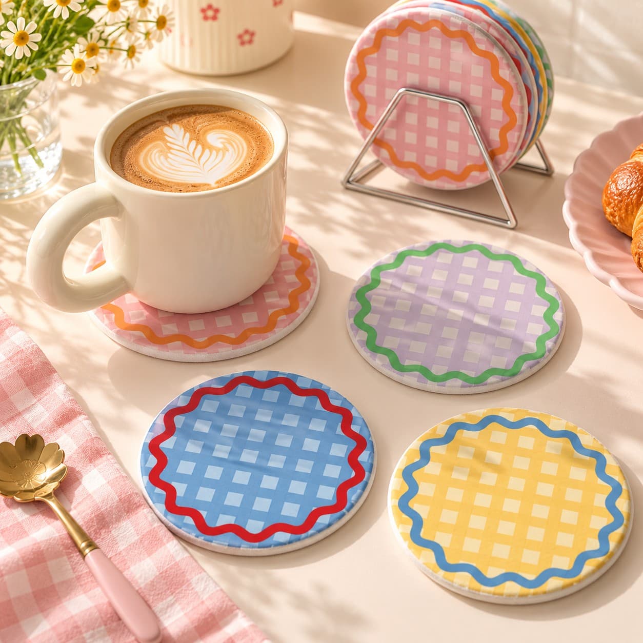 Korean-Style Round Plaid Insulation Pad - Set of 2 by Yours Edit