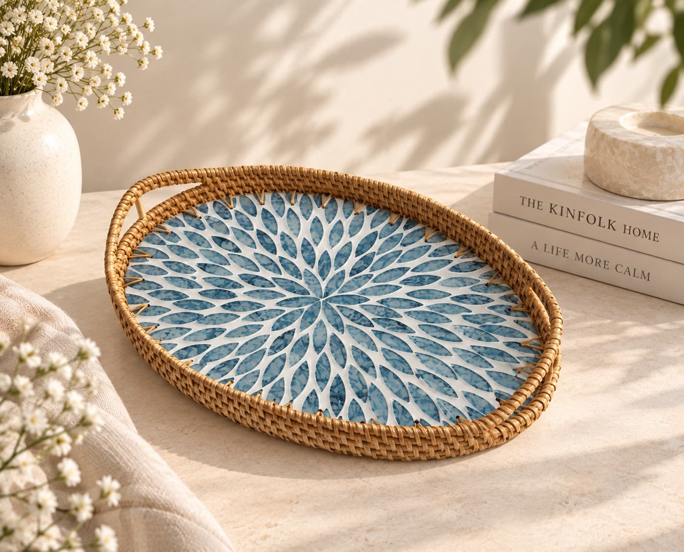 Oval Rattan Shell Tray - Blue Leaves by Yours Edit