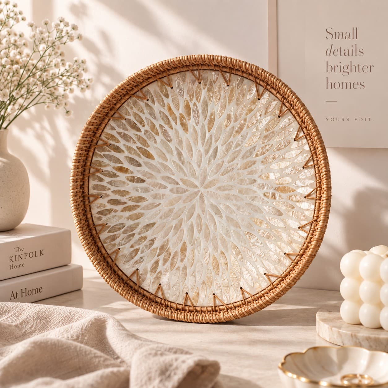 Rattan Shell Multi-purpose Tray - Gold & White by Yours Edit